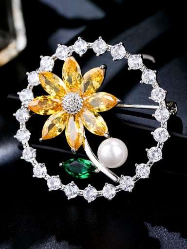 Copper With  Cubic Zirconia Trendy Flower Brooches