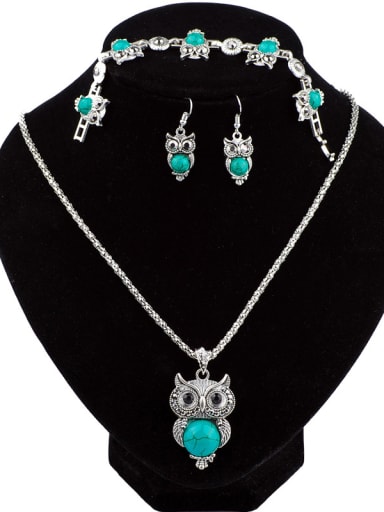 Retro style Turquoise stones Owl Alloy Three Pieces Jewelry Set