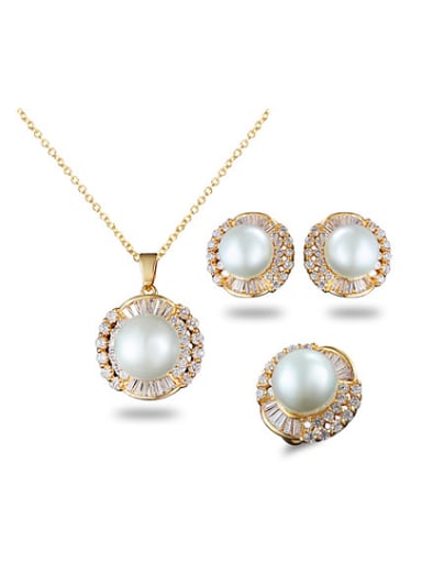 Women 18K Gold Plated Artificial Pearl Round Three Pieces Jewelry Set