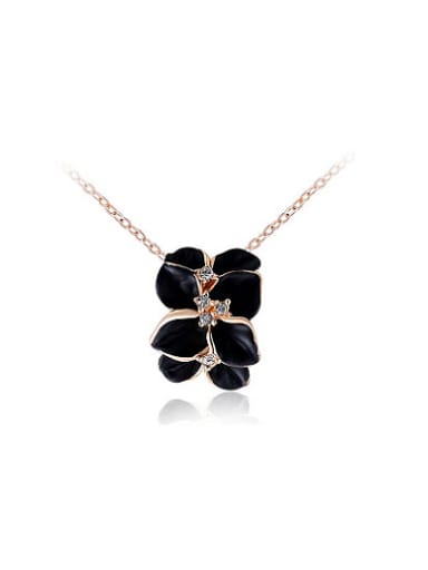 Black Flower Petal Shaped Crystal Enamel Necklace