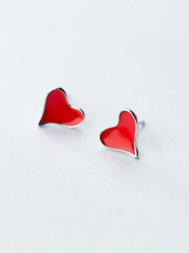 Exquisite Red Heart Shaped Glue S925 Silver Stud Earrings