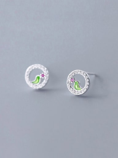 925 Sterling Silver With Silver Plated Cute Round Bird Stud Earrings