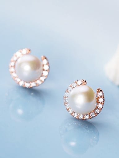 925 Sterling Silver With RArtificial Pearl  Simplistic Round Stud Earrings