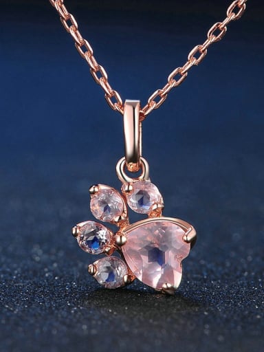 Lovely Cat Foot Color Silver Necklace with Pink Crystals