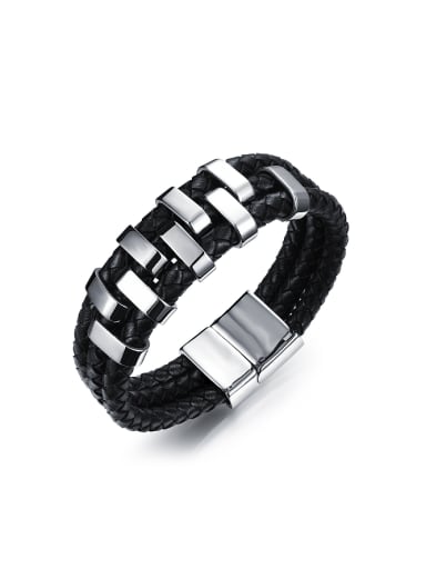 Simple Titanium Black Woven PU Men Bracelet