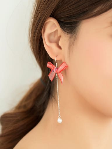 Personalized Red Bow Little Artificial Pearl 925 Silver Drop Earrings