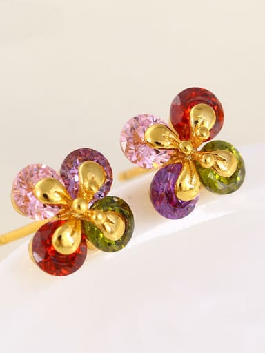Copper Alloy 24K Gold Plated Multi-color Flower CZ stud Earring