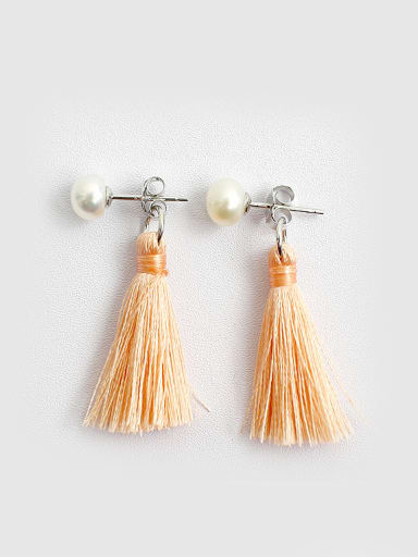 Fashion Freshwater Pearl Chinlon Tassels Silver Stud Earrings