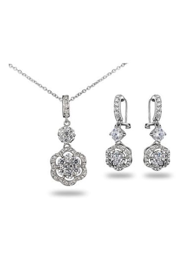Exquisite 18K White Gold plated Flower Shaped Zircon Two Pieces Jewelry Set