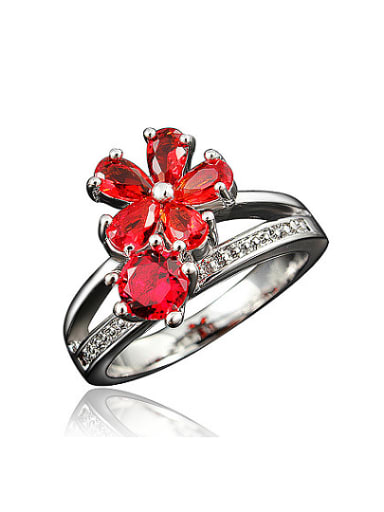 Exquisite Red Flower Shaped 4A Zircon Platinum Plated Ring
