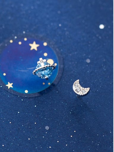 925 Sterling Silver With Personality Asymmetric Universe Moon Stud Earrings