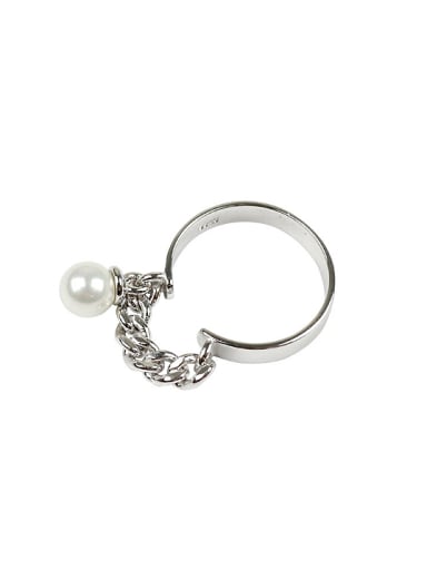 Personalized Artificial Pearl Short Chain Smooth Silver Opening Ring