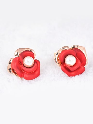 Rose Gold Plated White Artificial Pearl Red Flower Stud Earrings