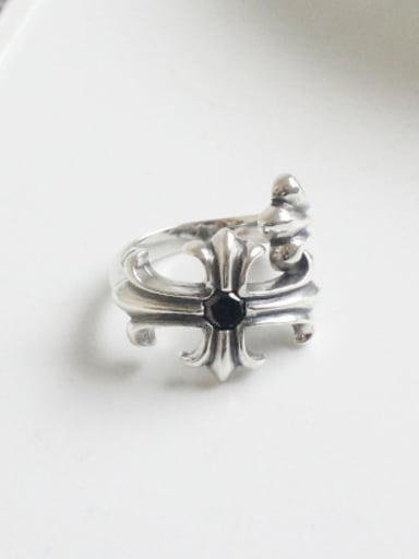 Retro style Little Cross Black Zircon Silver Ring