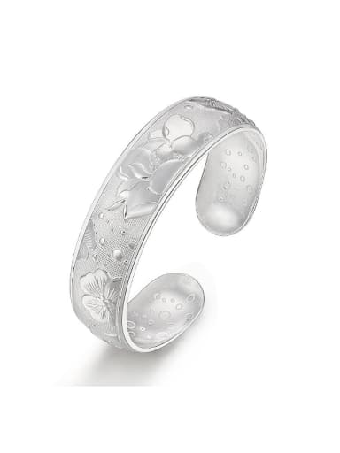 Ethnic style Lotus Flowers-etched 999 Silver Opening Bangle