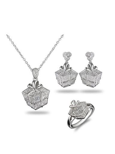 Exquisite 18K Platinum Plated Box Shaped Zircon Three Pieces Jewelry Set