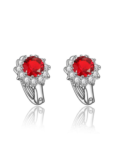 Women Red Flower Shaped Zircon Clip Earrings