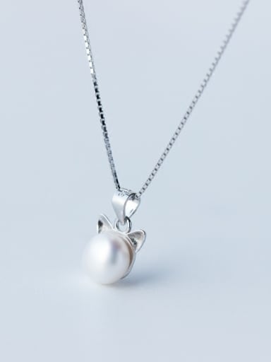 S925 Silver Natural Freshwater Pearl Lovely Cat Necklace