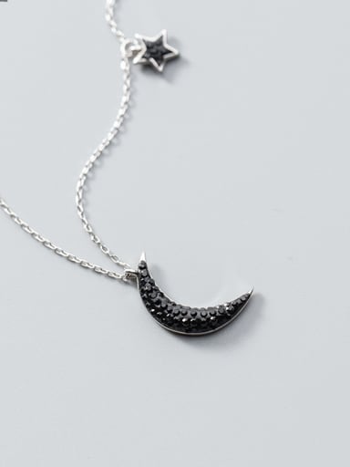 Sterling Silver unique black Rhinestone star and Moon Necklace