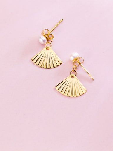 Sterling silver sweet golden fan shaped imitation pearl earrings
