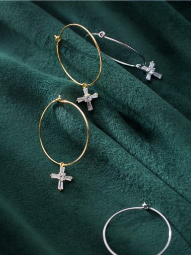 925 Sterling Silver With Silver Plated Personality Cross Hoop Earrings