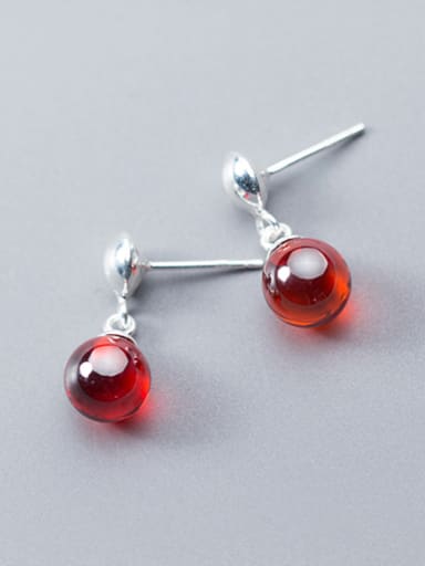 Elegant Red Round Shaped Stone S925 Silver Drop Earrings
