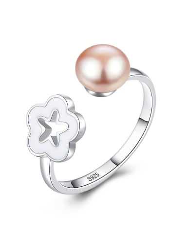 925 Sterling Silver With Artificial Pearl Simplistic Flower Free Size  Rings