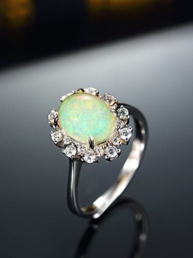 Platinum Plated Opal Gemstone Flowery Ring