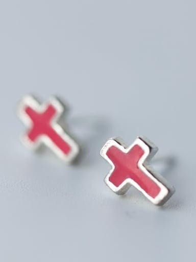Fashionable Red Cross Shaped Glue S925 Silver Stud Earrings
