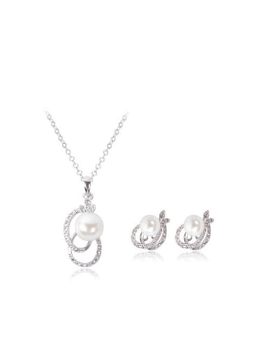 Alloy White Gold Plated Fashion Artificial Pearl and Rhinestone Two Pieces Jewelry Set