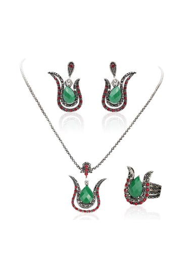 custom Retro style Green Resin stone Red Crystals Alloy Three Pieces Jewelry Set