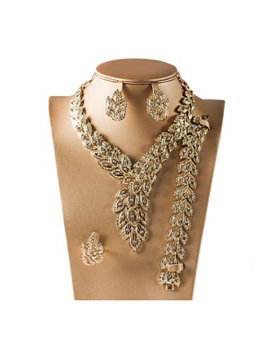 18K Leaves shaped Colorfast Rhinestones Four Pieces Jewelry Set