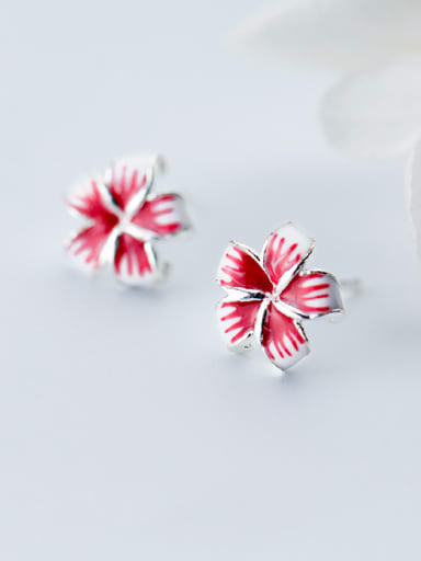 Women Pink Flower Shaped Glue S925 Silver Stud Earrings