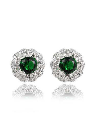 Green Round Shaped Platinum Plated Zircon Stud Earrings