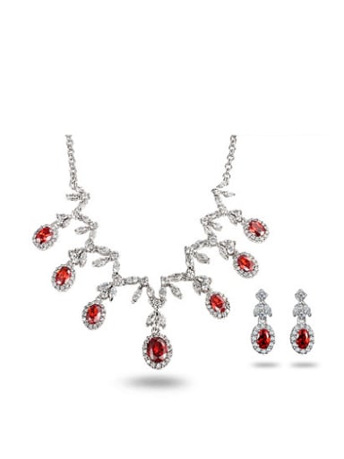 Exquisite Red Water Drop Shaped Zircon Two Pieces Jewelry Set