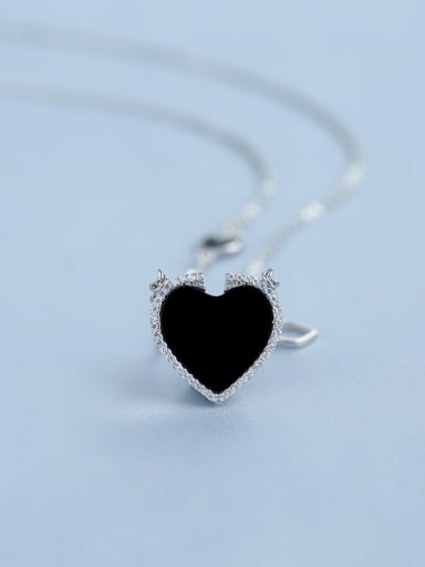 Simple Black Heart shaped Carnelian 925 Silver Necklace