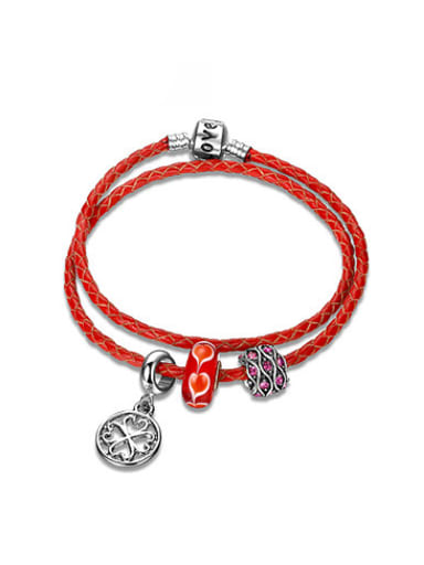 Red leaf Shaped Rhinestones Leather Bracelet