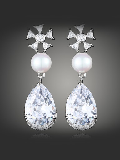 Imitation Pearl Water Drop shaped Zircon Copper Drop Earrings