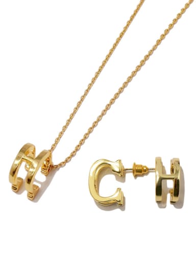 Copper With Gold Plated Personality CH Multifaceted Stereo letter  2 Piece Jewelry Set