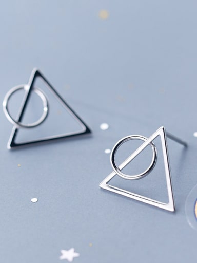 925 Sterling Silver With Silver Plated Simplistic Triangle Round Stud Earrings