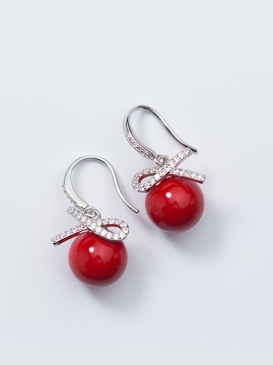 Personality Bowknot Shaped Red Artificial Pearl Drop Earrings