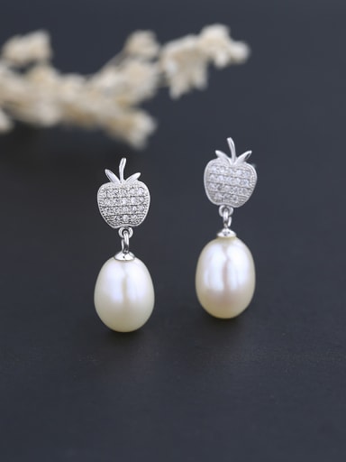 Exquisite Cubic Zirconias-covered Apple Freshwater Pearl 925 Silver Stud Earrings