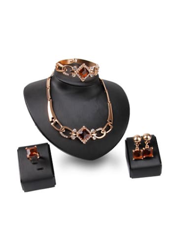 custom Alloy Imitation-gold Plated Vintage style Square shaped Artificial Stones Four Pieces Jewelry Set