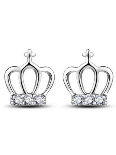 Zircons White Gold Plated Crown Shaped Stud Earrings