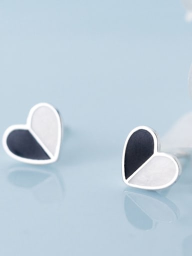 925 Sterling Silver With Silver Plated Simplistic Black and White Heart Stud Earrings