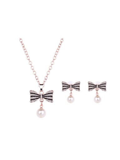 custom Alloy Rose Gold Plated Fashion Artificial Pearl Bowknot Two Pieces Jewelry Set