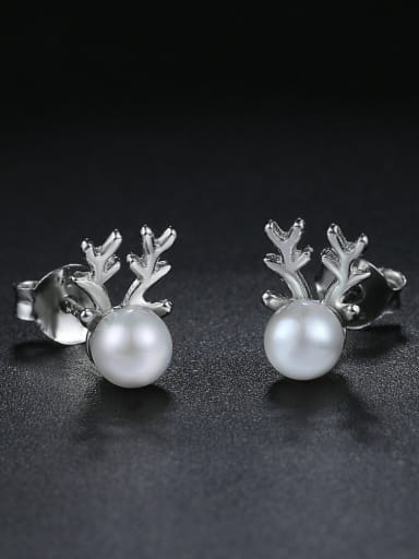 Tiny Deer Antlers White Imitation Pearl 925 Sterling Silver Stud Earrings