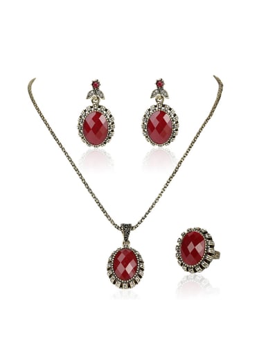 custom Retro style Red Oval Resin stones Alloy Three Pieces Jewelry Set