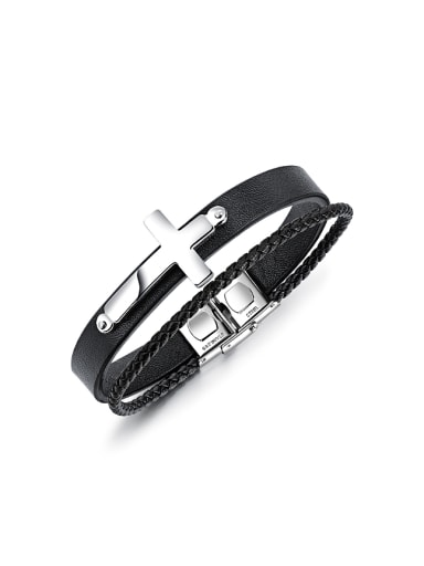 Personalized Woven Black Artificial Leather Two-band Cross Bracelet