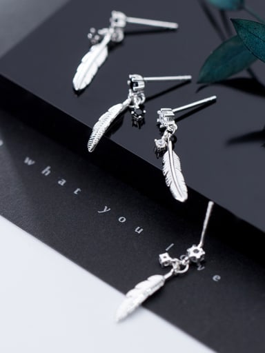 925 Sterling Silver With Platinum Plated Simplistic Feather Drop Earrings